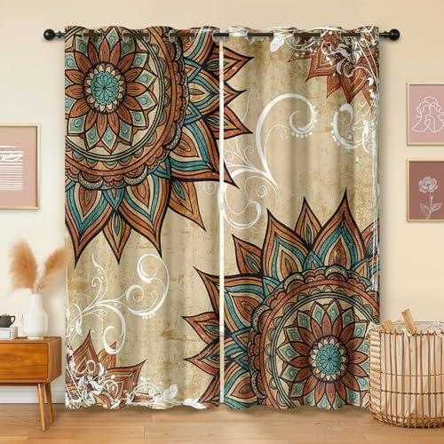 Havenix Mandala Beige Vintage Vorhänge Blickdicht Wohnzimmer Orientalisch Blumen Vorhang mit ösen Gardinen 160 cm Hoch 2er Set Verdunklungsvorhänge für Schlafzimmer Fenster