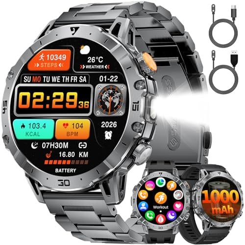 LIGE Smartwatch Herren Militär, 1000mAH Großer Akku, 1,7”HD Großes Display mit Telefonfunktion, LED Taschenlampe Fitnessuhr mit 110+ Sportmodi, Herz-/Schlaftracking,IP68 Sportuhr iOS/Android,Grau