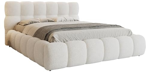 FurniDe24 Polsterbett Ted mit Bettkasten, Doppelbett mit Kopfteil, Metall-Lattenrost & Gasdruckfedern, Bouclé-Stoff, Bettgestell, Modernes Bett für Schlafzimmer - weiß (Quelle 01, 140 x 200 cm)