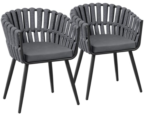 STEELSØN Tarian Gartenstühle 2er-Set, mit Kissen, Rope Design, Dunkelgrau | Loungesessel für Indoor & Outdoor, Kunststoffgeflecht, dicke Sitzpolster, Stahlgestell, Stühle für Garten, Terrasse & Balkon