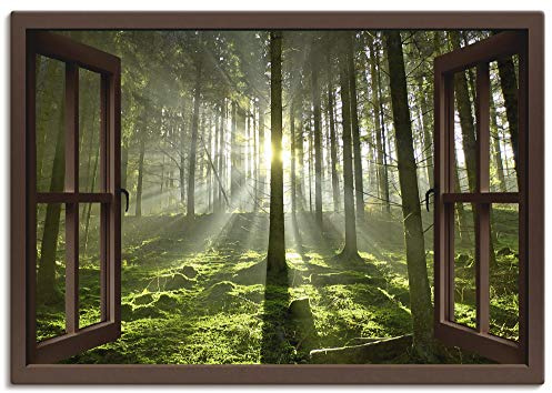 ARTLAND Wanddeko Leinwand Bilder Wandbild 100x70 cm Fensterblick Wald im Gegenlicht T5SY