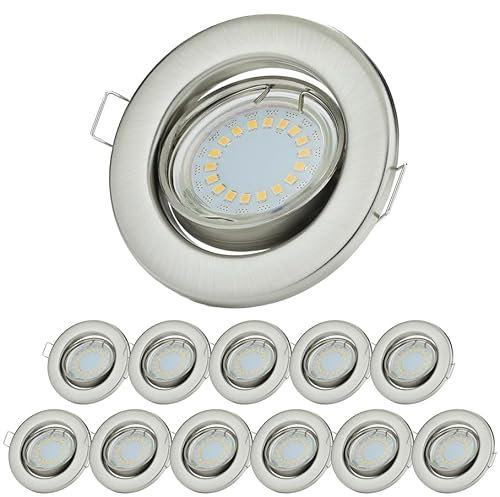 Sweet Led® 12x Einbaustrahler inkl. GU10 Fassung 5W 450 Lumen IP20 LED Einbauleuchten Deckenstrahler Möbelleuchten downlight spot – rund, schwenkbar, kaltweiß, chrom gebürstet