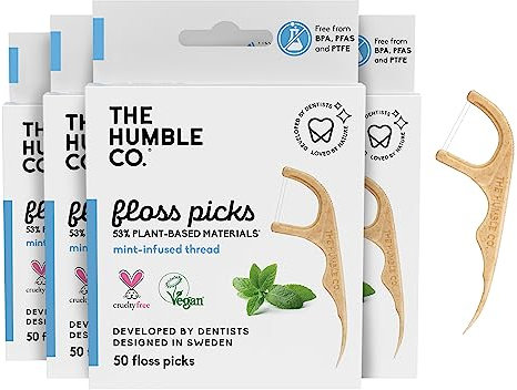 The Humble Co. Pflanzliche Zahnseidesticks | Frische Minze | Umweltfreundlich, Vegan, Zuckerfrei, von Zahnärzten empfohlen - Entfernt Plaque und Verleiht ein Frisches Gefühl (4 x 50p)