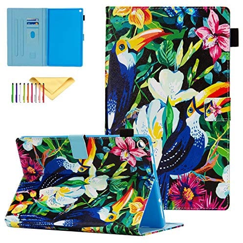 Case for Kindle Fire HD 10 Tablet (9th/7th/5th Generation,2019/2017/2015 Release), Uliking Folio Folding Smart Stand Cover with Pencil Holde & Auto Wake/Sleep for Fire HD 10.1, Flower Bird