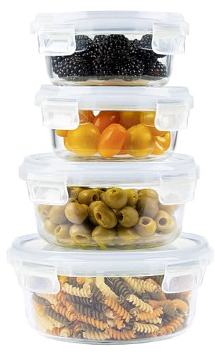 Home Fleek Frischhaltedosen Mit Deckel – Luftdichte Behälter Für Lebensmittel, Glas Schüssel Mit Deckel Set Sicher Für Mikrowelle Und Gefrierschrank | Meal Prep Boxen Glas (4 Rund Behälter, Blau)