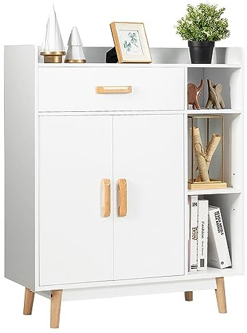 COSTWAY Armadietto Legno con Cassetto e Ante, Mobile Mobiletto Soggiorno a 3 Mensole, Cassettiera Ufficio, Bianco