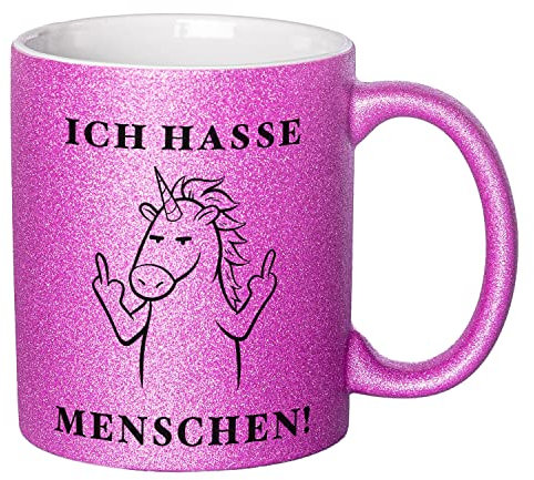 Glitzer Tasse mit Spruch Ich hasse Menschen | Lila | Einhorn | 330ml | doppelseitig bedruckt | Lustige Einhorntasse als witzige Geschenkidee zu Weihnachten für beste Freundin oder Kollegin