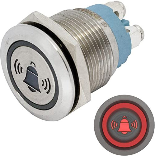 Lumonic Pulsante piatto in acciaio inox diametro 19mm I Con un LED a campana in colore rosso Dimensioni: Attacco a vite 250V 3A I Antivandalo secondo standard IP65