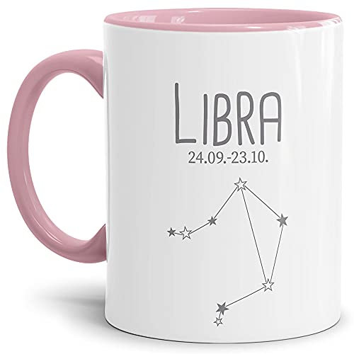 Sternzeichen Tasse Waage - Sternbild Kaffeetasse mit Spruch - Geschenk zum Geburtstag, Horoskop, Astronomie, Tierkreiszeichen - Keramik Innen & Henkel Rosa, 300 ml I Waage