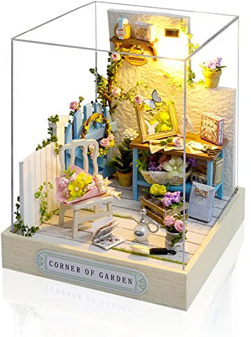 Cuteefun Maquette Maison Miniature pour Débutants à Construire, DIY Maison de Poupée Miniature Bois en Kit avec Meubles Anti-Poussière et Outils, Cadeau de Bricolage Artisanal (Coin de Jardin)