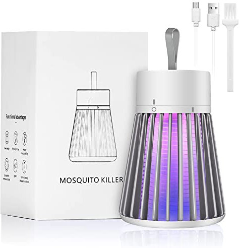 Elektrischer Insektenvernichter Bug Zapper UV-Lampe für den Innenbereich Outdoor LED Fliegenfalle Superschnelle elektrische Falle Moskitokiller Bis zu 6 Stunden Akkulaufzeit Tragbarer USB(Grauweiß)