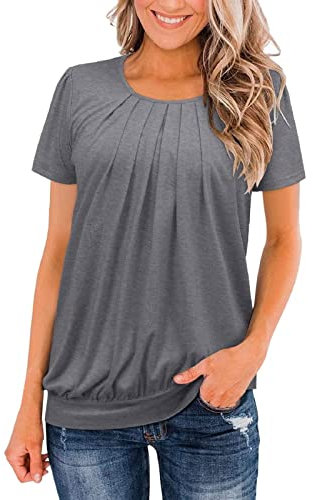 UK Stock Sale Party Wear Ruched Round Neck Blouse Tees for Women Solid Color Loose Short Sleeve Tops Summer Classic T-Shirt Loose Summer Tee Casual Pleated Ladies Henley Button up Tunic Shirts Gray