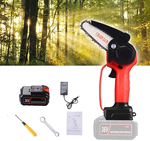 Mini Chainsaw, 4-Inch Cordless Chain Saw 24V Battery Powered Electric Handheld Chainsaw, Portable Small Rechargeable One-Handed Saw for Tree Trimming & Wood Cutting (Color : Red)