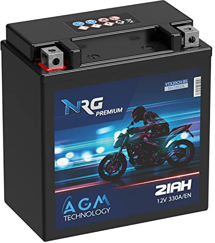 NRG Premium YTX20CH-BS AGM Motorradbatterie 21Ah 12V 330A/EN Batterie 51892 auslaufsicher wartungsfrei ersetzt 20Ah