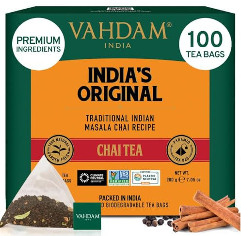 VAHDAM, Original Masala Chai Té (100 Piramidales Bolsitas De Té) Masala Chai | Bolsa De Con Especias Chai | 100% Pura Y Natural | Caliente, Frío O Como Kombucha
