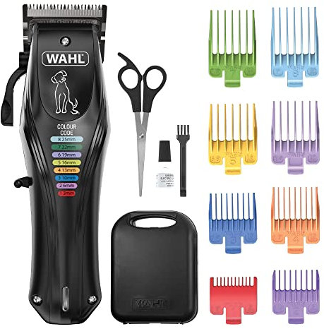 WAHL Colour Pro Rechargeable Pet Clipper, Clippers with Coded Combs, Full Coat Grooming for Dogs, Low Noise, Corded/Cordless Dog Clippers, Black