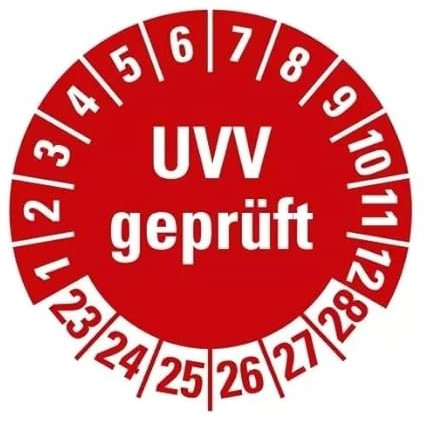 100 Stück – Mehrjahresprüfplakette „UVV geprüft | 23-28“ Etikett Folie Aufkleber, rot | Ø15-40mm Made in Germany, Größe: Ø30 mm