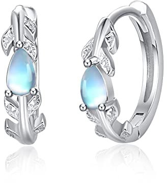 925 Sterling Silber Ohrringe für Frauen Kleine Creolen Opal Mondstein Huggie Creolen Ohrringe für Mädchen(A-Mondstein Blatt Ohrring Creole)