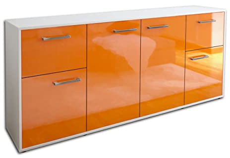 Lqliving Kommode Sideboard Georgina, Korpus in Weiss matt, Front im Hochglanz-Design Orange (180x79x35cm), inkl. Metall Griffen, Made in Germany