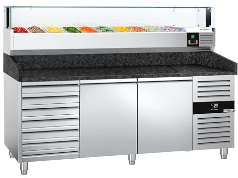 GGM Gastro | POS208SSG#AGS203LND | Pizzakühltisch PREMIUM - 2000x800mm - mit 2 Türen & 7 Schubladen - inkl. Kühlaufsatzvitrine LED - 10x GN 1/4