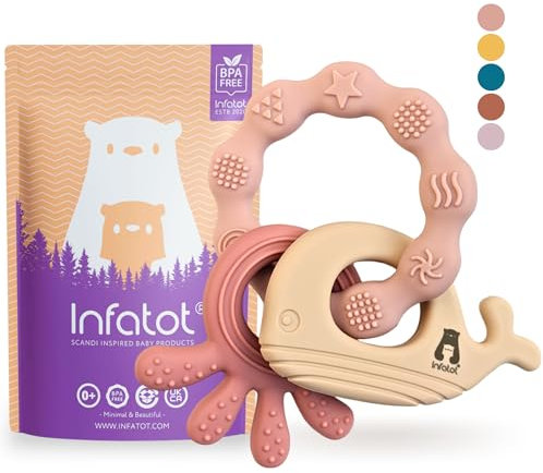 Infatot® Silicone Teether Toys for Babies 0-6 Months – Whale Octo – Baby Teething Toy Soothers & Teethers, Chew Toy for Newborns, BPA-Free Sensory Baby Toy – Plum & Milk