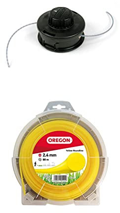 Oregon Universal-Fadenkopf + Gelber Mähfaden 2.4 mm x 88 m, Tap & Go Trimmerkopf, geeignet für die meisten Freischneider/Rasentrimmer mit geradem Schaft bis zu 33cc