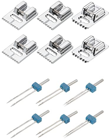 sourcing map Nähmaschine, Doppelnadel, Doppeldehnung, mit 3 Rillen-Biesen-Nähfuß für Haushaltsnähmaschine, 2 Sets (12 Stück)