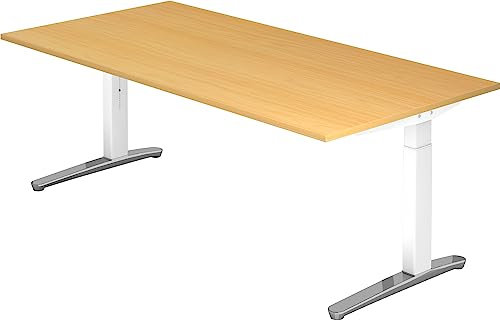 bümö manuell höhenverstellbarer Schreibtisch 200x100 in Buche, Gestell in weiß/alu - PC Tisch höhenverstellbar & groß, höhenverstellbarer Tisch Büro, großer Computertisch verstellbar