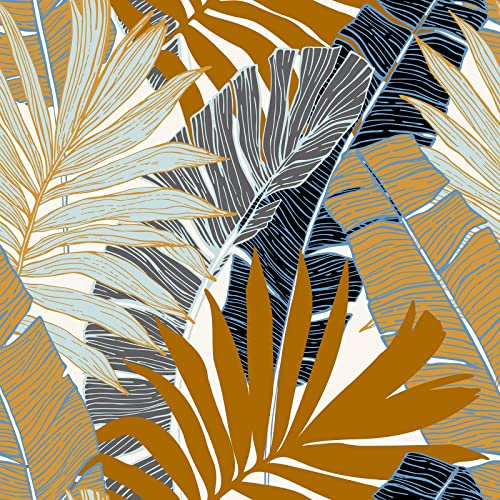ReWallpaper Papier Peint Feuilles de Palmier Tropicales Papier Adhesif pour Meuble Gris Papiers Peints Feuillage Jaune Brun 44,5CMx3M Papiers Peints Adhesif Mural Salle de Bain Imperméable