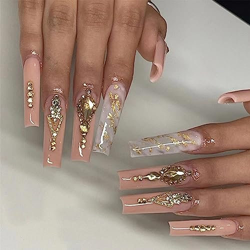 TMUT 24pcs Long Coffin False Nails – Nude Pink, Pink Rhinestone Press-on Nails – Removable Glue-on, Women's & Girls' Nail Art Accessories