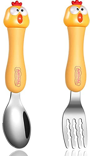2PCS Tenedor Bebe, WitBicg Cubiertos Bebe, Cubiertos Infantiles Acero Inoxidable, Talheres Bebe Ayuda a Alimentar Al Bebé, Aumentar El Apetito, Cubiertos Animales Entrenamiento Alimentacion (Amarillo)
