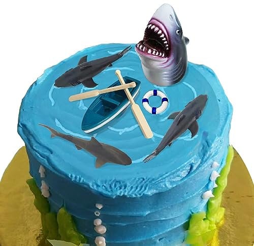 Shark Cake Toppers Beach Shark Cake Decorations Set with Four Sharks Boat Paddle Life Buoy for Shark Themed Birthday Party(Shark)