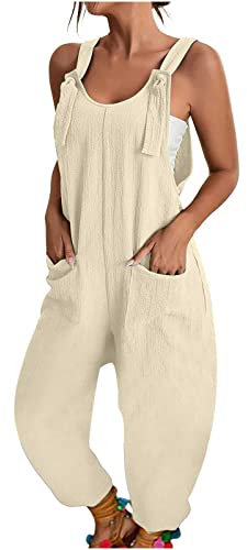 Jumpsuit für Damen, schick und elegant, Jumpsuit, gerade, fließend, Sommer, ärmellos, einfarbig, schmal, Jumpsuit, mit Taschen, lässig, Playsuit, Hose, breit, Arbeitsoverall, beige, 46