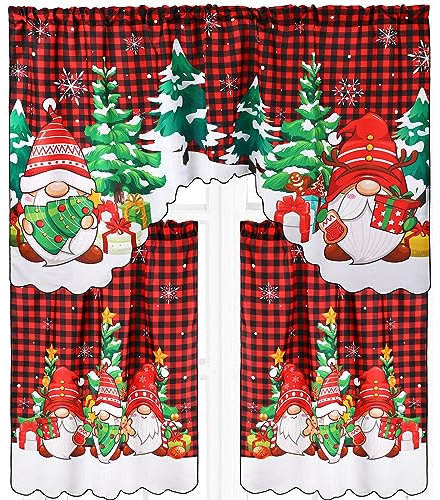 Frienda 3-teiliges Weihnachtsvorhang-Set für Küchenzwerg, Weihnachtsvolant, Zwergbaum, rot und schwarz, Büffelkarierte Vorhänge für Zuhause, 152,4 x 91,4 cm, 91,4 x 76,2 cm