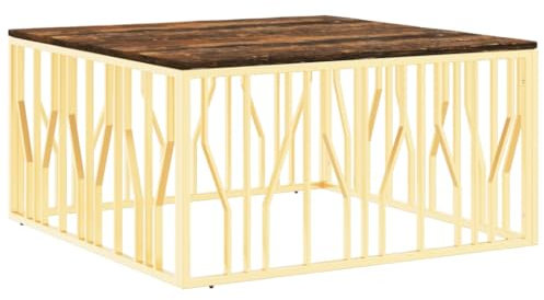 vidaXL Couchtisch, Beistelltisch mit viel Platz für Snacks Getränke, Sofatisch für Wohnzimmer, Tisch Kaffeetisch Telefontisch, Golden Edelstahl Altholz Massiv