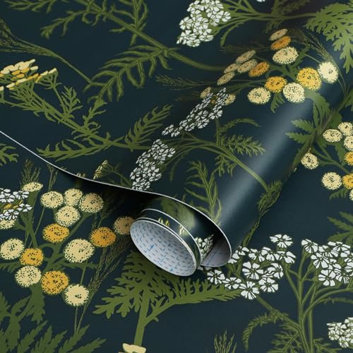 Fiula Selbstklebende Tapete 41CMx3M Blumentapete Dunkelblau Klebefolie Gelb Blumen Wandtapete Möbelfolie Grün Blätter Tapeten Wasserdicht Vinyl Wrap Klebetapete Wohnzimmer Schlafzimmer Wallpaper