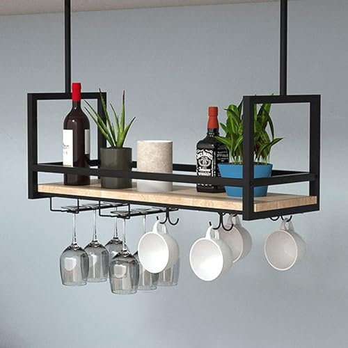 Deckenmontiertes Weinregal mit 2 Arten von Glashaltern, industrielles hängendes Weinregal für die Wand, Weinglasregalhalter für die Küchenbar, Weinflaschenhalter aus schwarzem Metall, Hängeregale ( Si