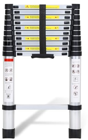 Fiqops 3.2M Aluminium Teleskopleiter, Ausziehbare Leiter 150 kg Belastbarkeit, Rutschfester Aluleiter Stehleiter Tragbar Aluminiumleiter, Teleskop Ausziehleiter Mehrzweckleiter
