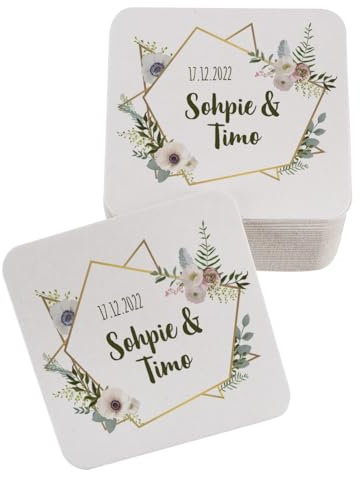 Herz & Heim® Bierdeckel mit verschiedenen Motiven und Personalisierung Bedruckt/Pappe, 30 Stück (Hochzeit Blumenmuster)