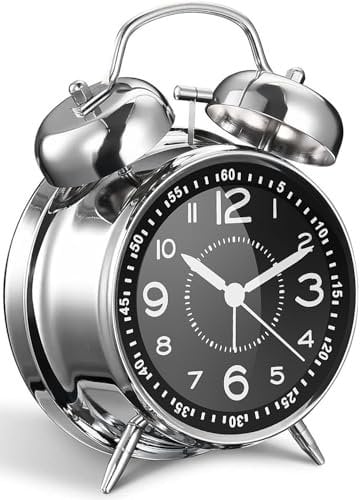 Réveil fort pour adultes dormeurs lourds, en métal de 10,2 cm, double cloche à piles, pour décoration de chambre, silencieux, sans tic-tac (argenté)