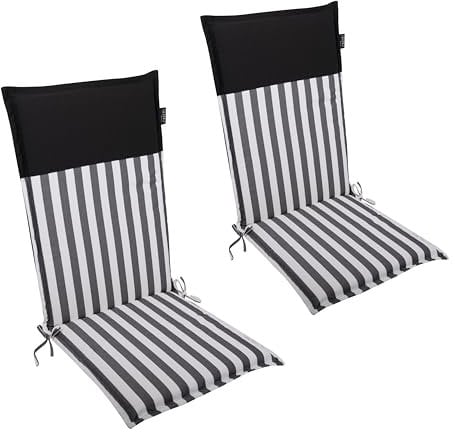 LILENO HOME Gartenstuhl Auflagen als [2er Set - Hochlehner] in Streifen Schwarz - Uni Schwarz - Bequeme Liegen als Sitzauflagen für Gartenmöbel - Stuhlkissen für Gartenstühle Malt