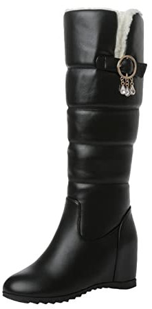 Generico Stivali Polizia Stradale Stivali Neve 37 38 Stivali Lunghi in Cotone con Fibbia per Cintura in Pelle Tinta Unita Donna Stivali Lunghi con Suola Spessa Stivali in Gomma Donna (Black, 37)