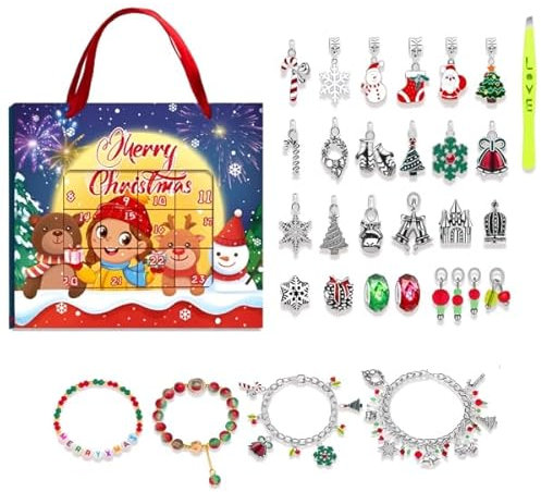 CGVG Schmuck Adventskalender 2025 Weihnachten Adventskalender 24 Tage Weihnachts Countdown Kalender Charm Armbänder Weihnachtskalender Weihnachtsdeko (Silber)