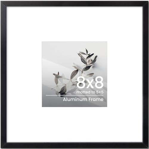 8x8 Photo Frame Black, Aluminium 8x8 inch Picture Frame, 8in Square Frame with Mount for 5x5 Inch with Tempered Real Glass, Tabletop & Wall Mounting Display Poster Frame for Home & Wall Decor