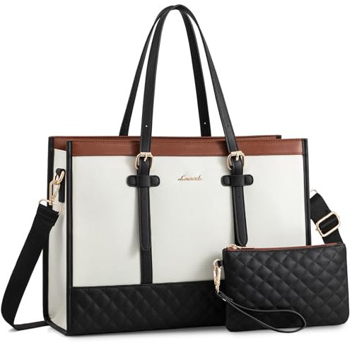LOVEVOOK 15.6 Inch Laptop Bags for Women with Leather & Canvas, Ladies Handbags for Work Business, Womens Large Tote Bag, Handbag & Shoulder Bag with Clutch for Office College