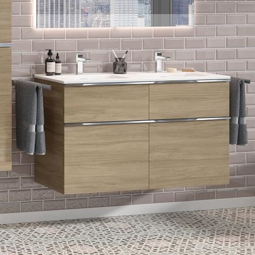 Zentrobad Griff Premium Doppel-Waschbecken mit Unterschrank 120 cm Waschtisch Badmöbel Badezimmer Schrank Badschrank mit 4 Schubladen (Eiche Natur)