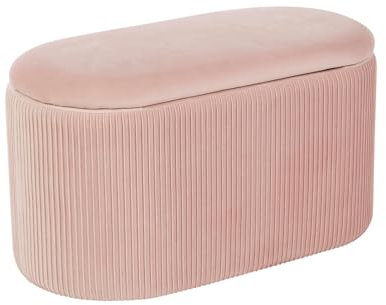 Home Source Oval Folding Ottoman, Velvet Fabric Organiser Bedding Box, Versatile Home Storage, 76cm, Pink
