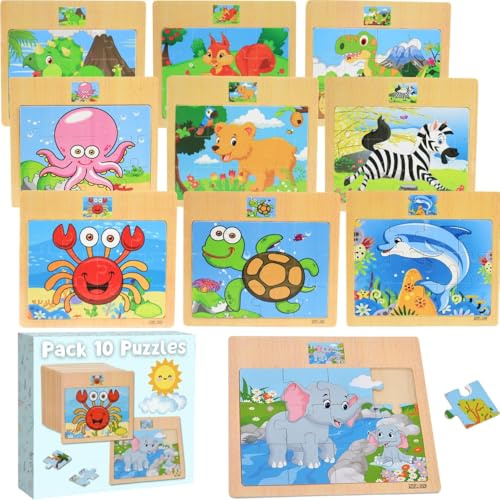 10 PCS Holzpuzzle Kinder, Puzzle ab 3-8 Jahre, Lernspielzeug Jungen und Mädchen, Kinderpuzzle ab 3 Jahre Holz, Geschenke für Kinder (Pack 10 Puzzles)