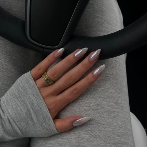 Chrome Grey False Nails Almond, SXVME Chrome Press On Nails Medium, Glazed Gel Fake Nails Press on, Cute Glitter Glue on Nails Medium Stiletto, Natural Fit Stick on Nails for Women Daily & Party Wear