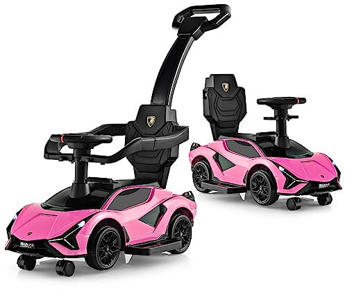 GOPLUS 3 in 1 Rutschauto, Lamborghini Schiebauto mit abnehmbarem Universalrad, USBs, Musik, Stauraum, abnehmbarem Schiebegriff & Schutzgeländer, Rutschfahrzeug für Kinder von 18-60 Monaten (Rosa)